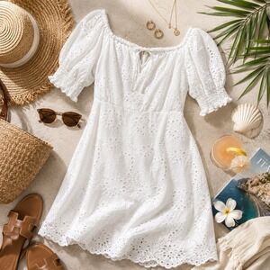 7 For All Mankind White Eyelet Knee Length Dress Sz L Cotton Milkmaid Coquette